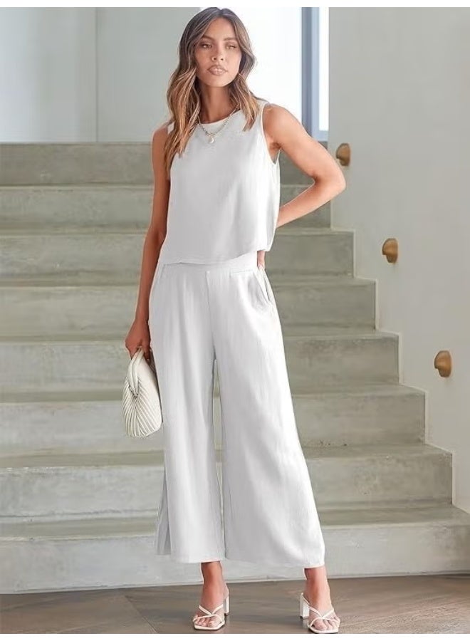 Barbora Linen Summer High Waist Capri Pants Back Detail Sleeveless Two Piece Set LN26EKRU2 - Image 2